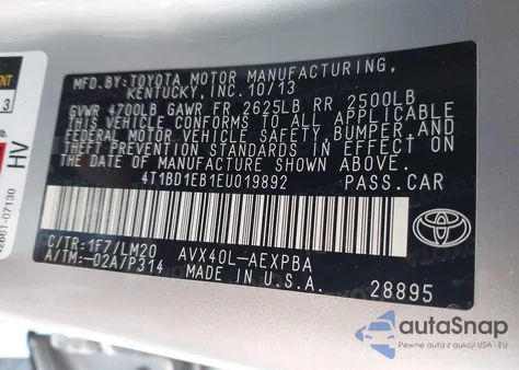 2014 Toyota Avalon Hybrid Limited из США, поврежденный, VIN 4T1BD1EB1EU019892